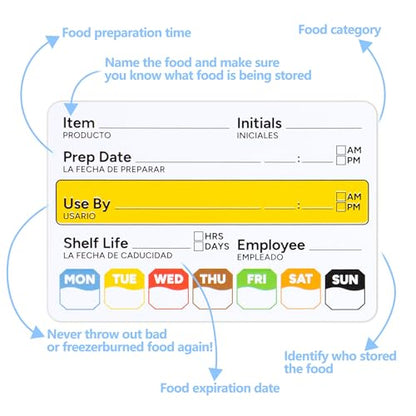 Restaurant Quality Shelf Life Food Rotation Labels Vinyl, 2” x 3” Self-Adhesive Removable Freezer Food Labels Stickers, Perfect for Reusable Containers, Food Date Sticker (Large, Count, 2) - style: 2 Pc