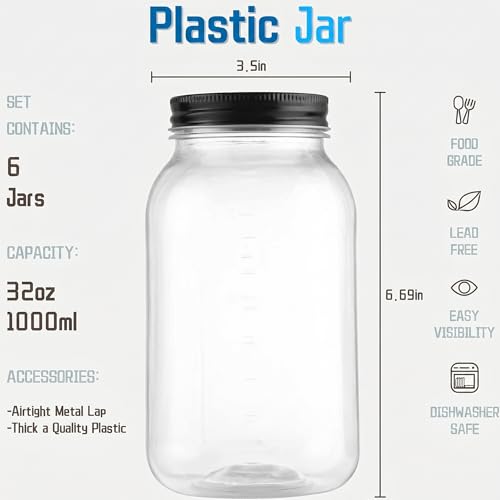 novelinks 32 oz Plastic Mason Jars and Clear Plastic Jars with Lids 32 oz | 6 Pack, Black, Quart Mason Jars Bulk, Plastic Quart Containers with Lids, Large Jars, Mason Jars for Centerpieces - color: Black