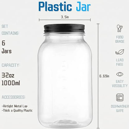 novelinks 32 oz Plastic Mason Jars and Clear Plastic Jars with Lids 32 oz | 6 Pack, Black, Quart Mason Jars Bulk, Plastic Quart Containers with Lids, Large Jars, Mason Jars for Centerpieces - color: Black