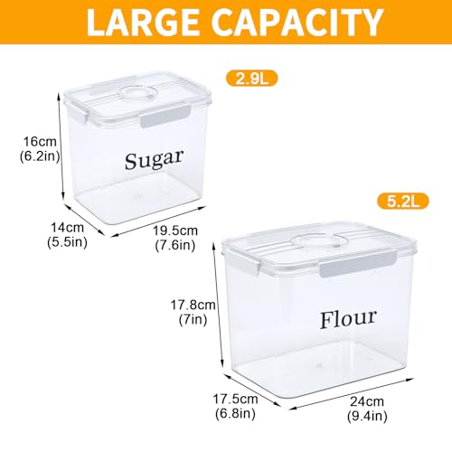 2 Pack Flour Sugar Storage Container,Plastic Food Storage Containers with Airtight Lids,Canisters Sets for The Kitchen,Sugar,Flour,Cereal,Baking Supplies,Rice,Pantry Organization Bin(5.2&2.9L)