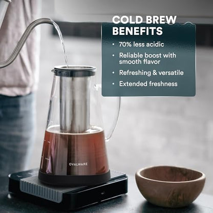 OVALWARE Airtight Cold Brew Iced Coffee Maker Pitcher and Tea Infuser with Spout - 1.0L / 34oz Ovalware RJ3 Brewing Glass Carafe with Removable Stainless Steel Filter - size: 34 Ounces
