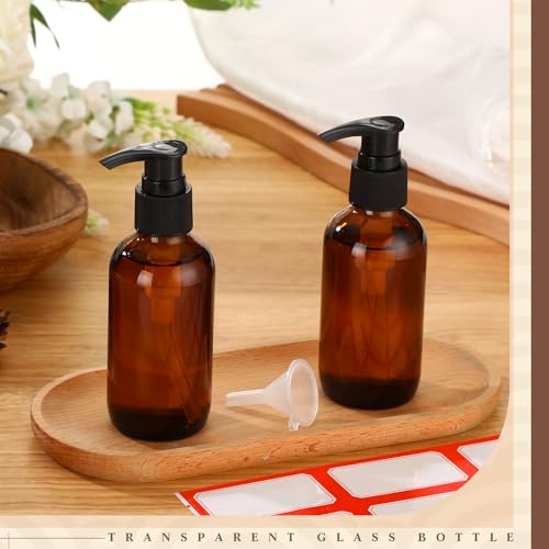 Fumete 2 Pack Glass Bottles 4oz Empty Refillable Liquid Containers with 1 Label 1 Funnel for Essential Oils Hair Travel Plants Cleaning Skin Care(Amber, Black Top,Pump Bottle) - color: Amber, Black Top, style: Pump Bottle