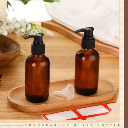 Fumete 2 Pack Glass Bottles 4oz Empty Refillable Liquid Containers with 1 Label 1 Funnel for Essential Oils Hair Travel Plants Cleaning Skin Care(Amber, Black Top,Pump Bottle) - color: Amber, Black Top, style: Pump Bottle