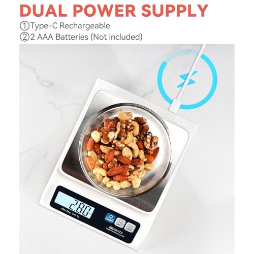 BOMATA 0.1g/ 13lb Food Scale, USB Rechargeable, Digital Kitchen Scale with Removable Stainless Steel Pan, Backlit LCD Display, for Cooking, Baking B621 White - color: White Rechargeable