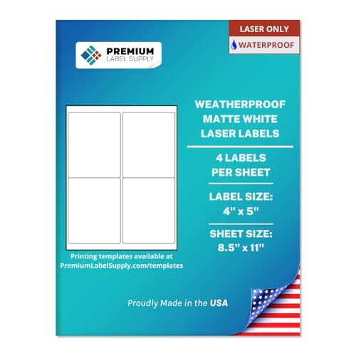 Premium Label Supply Waterproof Matte White Sticker Labels – 4" x 5" – Laser Printers Only – (4 per Sheet), 25 Sheets - 100 Total Adhesive Labels - size: 100 Labels