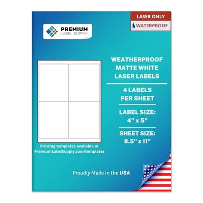 Premium Label Supply Waterproof Matte White Sticker Labels – 4" x 5" – Laser Printers Only – (4 per Sheet), 1000 Sheets - 4,000 Total Adhesive Labels - size: 4000 Labels