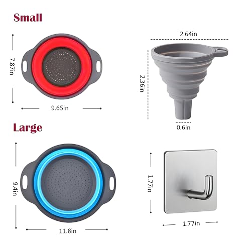 UVB Collapsible Colander Set, Space-Saving Foldable Kitchen Strainer for Pasta, Vegetables & Fruit, Colander for Kitchen with 2 Stainless Steel Hooks & Silicone Funnel – Blue - color: Blue