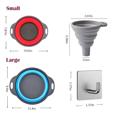 UVB Collapsible Colander Set, Space-Saving Foldable Kitchen Strainer for Pasta, Vegetables & Fruit, Colander for Kitchen with 2 Stainless Steel Hooks & 1 Silicone Funnel – Red - color: Red