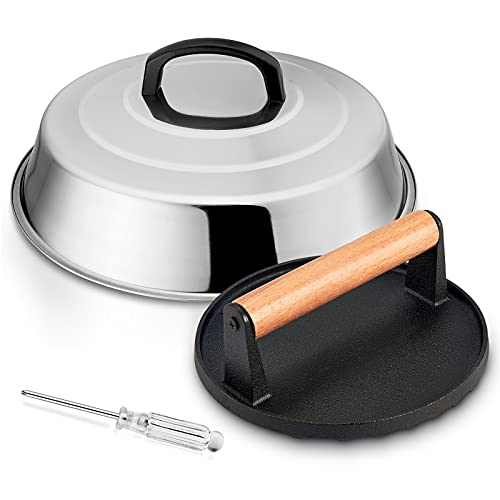 12In Cheese Melting Dome & 7In Cast Iron Grill Press, HaSteeL Stainless Steel Basting Cover with Heavy Duty Burger Bacon Press, Griddle Accessories for Teppanyaki Flat Top Stovetop Indoor & Outdoor - color: 12In Dome + 7In Iron Press