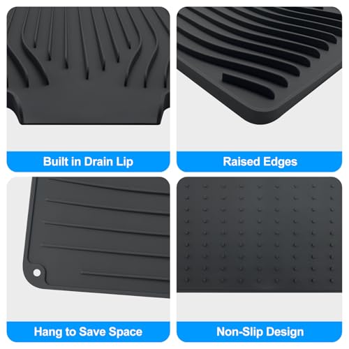 Silicone Dish Drying Mat for Kitchen Countertops and Sinks,19 x13.7 Inch Non Slip Heat Resistant Mat with Built In Drainage System,For Refrigerator and Drawer Liners (black, 19 x13.7 Inch) - color: Black