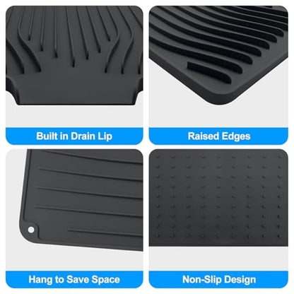 Silicone Dish Drying Mat for Kitchen Countertops and Sinks,19 x13.7 Inch Non Slip Heat Resistant Mat with Built In Drainage System,For Refrigerator and Drawer Liners (black, 19 x13.7 Inch) - color: Black