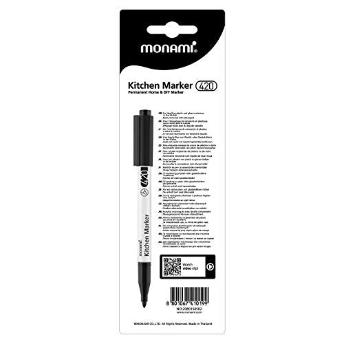 MONAMI Kitchen Marker 420, Fine Tip (1.2mm), Permanent Marker for Plastic Freezer Bags, Food Storage Containers, Ziploc, Erasable with Dish Detergent, Black, 1pc