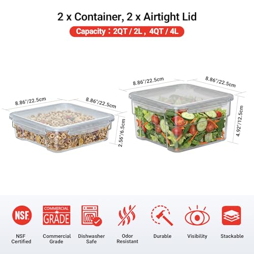 2 Pack Airtight Commercial Food Storage Container Set, Includes 2 QT & 4 QT Clear Containers, Stackable, Gold Scale Markings for Coffee Beans, Sugar and Dry Ingredients, Shallow Model - size: 2.0(QT)+4.0(QT)-Shallow