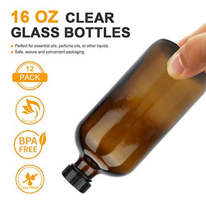 Maredash 16oz Glass Bottles, 12 Pack amber Glass Storage Bottles Sets with Lids,Amber Glass Bottle,Brown glass bottles