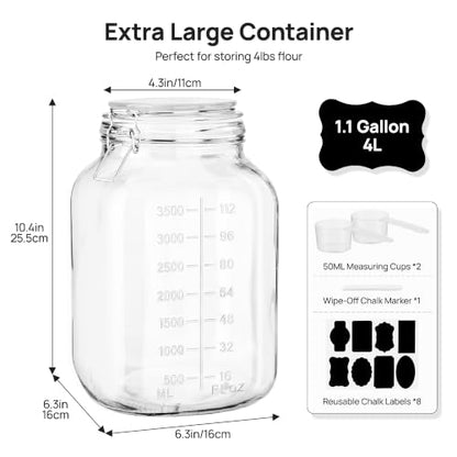 Vtopmart 2 Pack 1.1 Gallon Glass Storage Jars with Airtight Clamp Lids, 140oz Square Canisters with Wide Mouth & Measurement Marks, Large Food Containers for Flour, Sugar, Rice, Pickling & Fermenting