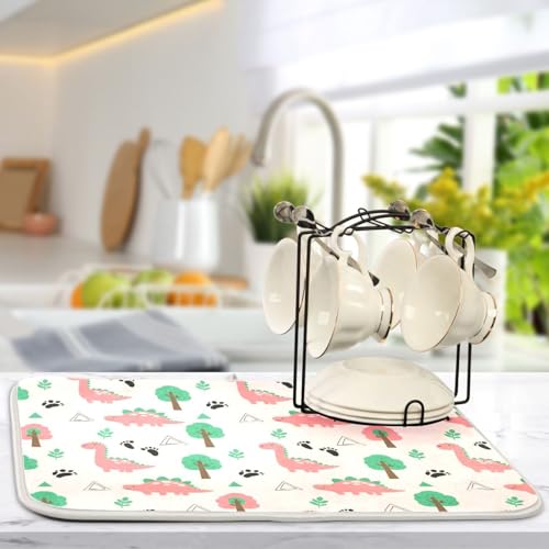 Dinosaur Tree Pink Dish Drying Mat for Kitchen Counter Super Absorbent Draining Mat with Non-slip Backed Sink Mats for Draining Racks Countertops Sinks Dish Bottles Cups Bowl