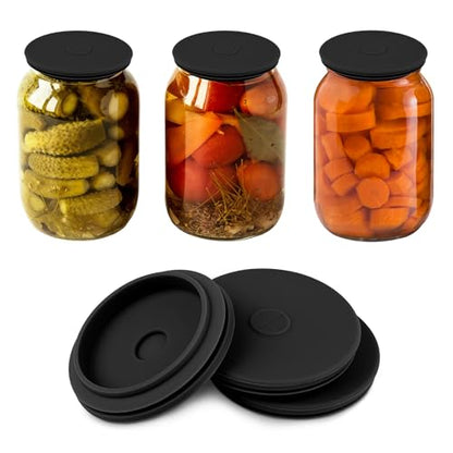 Wide Mouth Mason Jar Fermentation Lids – Silicone Fermenting Caps with Waterless Airlock, Self-Burping Fermenter Tops for Pickles, Kimchi, and Probiotic Foods, 3 Pack Black (Jars Not Included) - color: Black