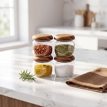 4-Pack 10 fl oz Wide Mouth Mason Jars with Spoon & Labels, Acacia Wood Lids, Press Seal, No Plastic, for Food, Snacks, Candy, Fruits, Coffee Beans, Spices & Dry Storage, Pantry Organizer.