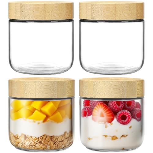 4 Pack 10oz Glass Jars with Bamboo Lids, Overnight Oats Containers with Airtight Lids, Storage Containers Wide Mouth Mason jars for Salad,Yogurt, Sugar, Snacks, Spices - color: 10OZ-4P
