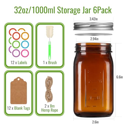 946.4ml(32온스) 앰버 와이드 마우스 메이슨 병 6팩, 측정 마크 포함 | 밀폐 뚜껑이 있는 유리 쿼트 통조림 병, 산세, 발효, 선티, 밀프렙, 향신료, DIY 공예용 보관 - color: 앰버-946.4ml(32온스) 6팩