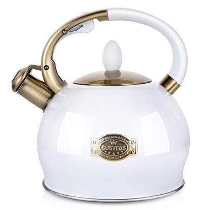 SUSTEAS Stove Top Whistling Tea Kettle - Food Grade Stainless Steel Teakettle Teapot with Cool Touch Ergonomic Handle, With 1 Silicone Pinch Mitt Included, 2.64 Quart(WHITE) - color: White