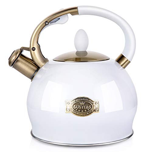 SUSTEAS Stove Top Whistling Tea Kettle - Food Grade Stainless Steel Teakettle Teapot with Cool Touch Ergonomic Handle, With 1 Silicone Pinch Mitt Included, 2.64 Quart(WHITE) - color: White