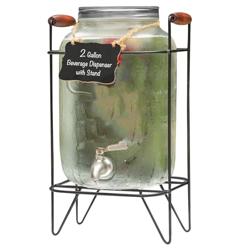 Ilyapa 2 Gallon Glass Beverage Dispenser, Metal Base, Stainless Steel Spigot & Hanging Chalkboard - for Lemonade, Tea, Cold Water & More - size: 2 Gallon with Black Stand