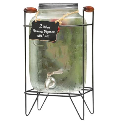 Ilyapa 2 Gallon Glass Beverage Dispenser, Metal Base, Stainless Steel Spigot & Hanging Chalkboard - for Lemonade, Tea, Cold Water & More - size: 2 Gallon with Black Stand