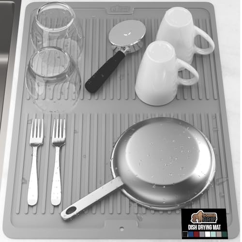 GORILLA GRIP 100% BPA-Free Patented Silicone Dish Drying Mat for Kitchen Counter, 18x24 Inch, Water Catching Ribbed Design, Easy Clean Waterproof Sink Liner, Heat Resistant, Fits Under Rack, Gray - color: Gray, size: 18" x 24", style: Silicone