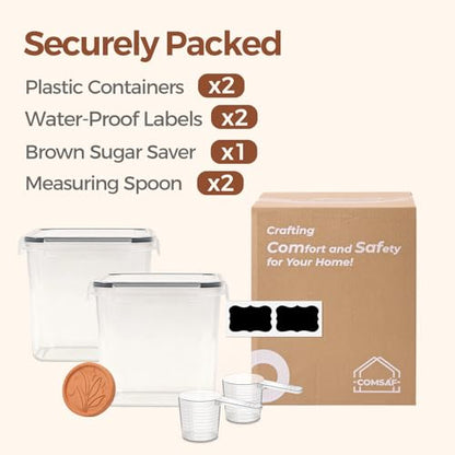 ComSaf Brown Sugar Container Set of 2 (2.5L/2.6Qt), Airtight Food Storage Containers with Lids and Terra Cotta Brown Sugar Saver, Plastic Canisters Sets for Kitchen, Pantry Organizer for Flour, Baking - size: 2.6Qt-Square
