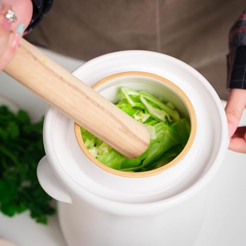 Fermentation Crock 3.8Liter/1 Gallon Stoneware Pot for Fermenting, Pickling Kimchi, Pickles, Vegetables, Kombucha - Glazed Fermenter with Stone Weights, Lid & Pickle Tamper-White Crock - color: White
