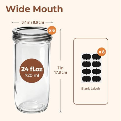 ComSaf 24 oz Mason Jars Wide Mouth 6 Pcs, Large Canning Jars with Seal Bands, 24 oz Glass jar with Lid for Jam, Sauce, Juice, Coffee, Pickling, Fruit, Dessert, Kitchen Storage, Vanilla Extract - size: 24oz wide mouth 6PCS