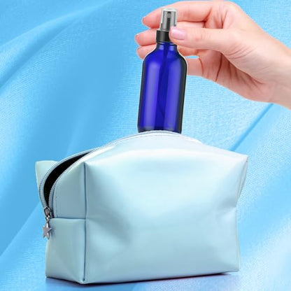 Fumete 2 Pack Glass Bottles 4oz Empty Refillable Liquid Containers with 1 Label 1 Funnel for Essential Oils Hair Travel Plants Cleaning Skin Care(Blue, Black Top,Mist Bottle) - color: Blue, Black Top, style: Mist Bottle