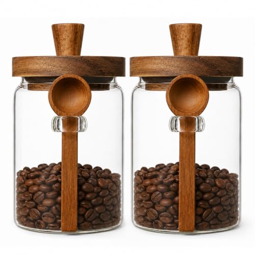 ANSQU Set of 2 Glass Coffee Canisters, 20.3 oz Jar with Spoon | Coffee Bar Organizer, Coffee Jar with Wooden Lid, Coffee Grounds Container - size: 20.3oz-2pack (φ3.54")