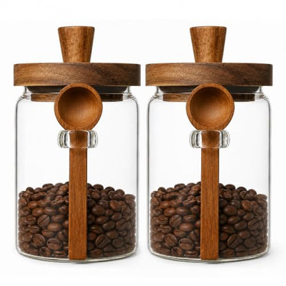 ANSQU Set of 2 Glass Coffee Canisters, 20.3 oz Jar with Spoon | Coffee Bar Organizer, Coffee Jar with Wooden Lid, Coffee Grounds Container - size: 20.3oz-2pack (φ3.54")