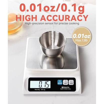 BOMATA 0.1g High Precision Food Scale, 13lb Digital Kitchen Scale with Removable Stainless Steel Pan, Backlit LCD Display, for Cooking, Baking B621 White - color: White Non-rechargeable