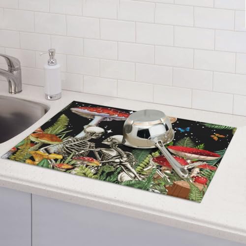 Red Mushroom Skull Dish Drying Mat For Kitchen Counter, Super Absorbent Microfiber Dish Drying Pad, Kitchen Gadgets For Easy Clean Multi-Use Large 18"x24" - color: Red Mushroom Skull