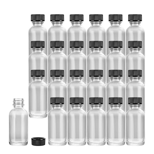 Restaurantware Vetri 1 Ounce Boston Glass Bottles, 48 Sample Bottles With Black Phenolic Caps - Dishwashable, Round, Clear Glass Bottle, For Potion, Juice, Ginger Shots, Whiskey, Liquids - color: Clear, size: 1 oz