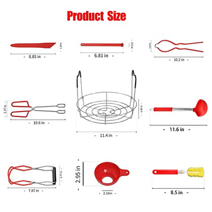 Canning Supplies Kit - 9 Piece 430 Stainless Steel : Rack,Funnel,Jar Lifter,Jar Wrench,Lid Lifter,Tongs,Spoon,Cleaning Brush/Bubble Remover Tool.Suitable for all beginners and professionals