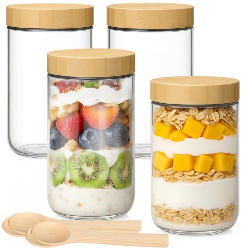 TBWIND 4 Pack 24oz Glass Jars with Bamboo Lids, Spoons, Airtight Overnight Oats Containers, Wide Mouth Mason Jars, Food Storage Container for Yogurt Salad Snacks Spice Sugar Meal Prep – Reusable - color: 24oz-Natural Lids-4 Spoon