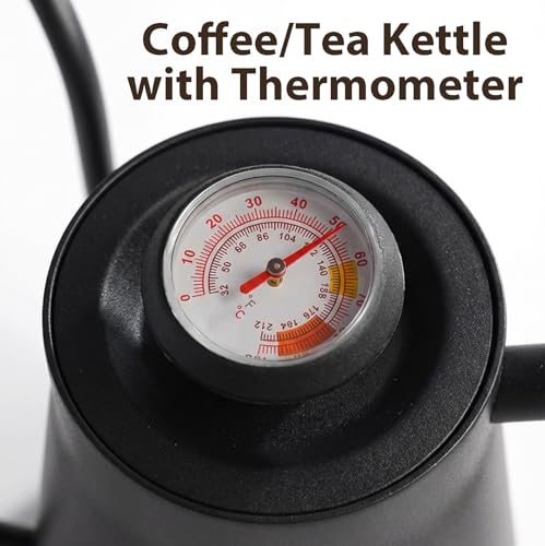 Gooseneck Tea Kettle Stovetop, 850ml Pour Over Coffee Tea Kettle with Thermometer, 304 Stainless Steel Teapot, Ergonomic Wood Handle, Matte Black Coating, Induction & Stove Top Brewing
