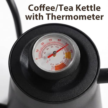 Gooseneck Tea Kettle Stovetop, 850ml Pour Over Coffee Tea Kettle with Thermometer, 304 Stainless Steel Teapot, Ergonomic Wood Handle, Matte Black Coating, Induction & Stove Top Brewing