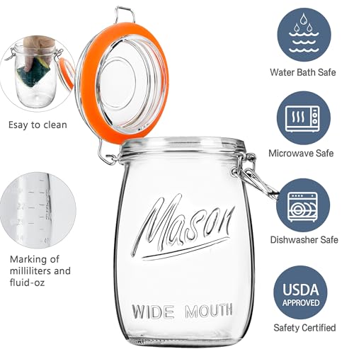 Anwoi Wide Mouth Glass Jars with Airtight Lid 32OZ 4 Pack, Kitchen Storage Large Clear Canister Jars with Hinged Lid with Measurement Marks For Canning,Coffee,Flour,Sugar,Beans