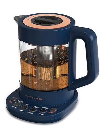 Viante Alba Electric Tea Kettle, Infuser, No Plastic, 1.5L, Midnight Blue | Borosilicate glass & 304 stainless steel construction. 4 temp presets, keep-warm, cordless, auto shut-off - style: Midnight Blue