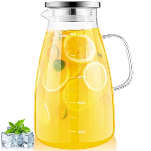 1 Gallon 128oz Glass Pitcher, Water Pitcher with Lid and Spout, Glass Carafe for Hot/Cold Drink, Water Jug for Iced Tea, Coffee, Juice, Milk, Beverage (Extra-Wide Mouth) - color: Clear, Round, size: 128 Ounces