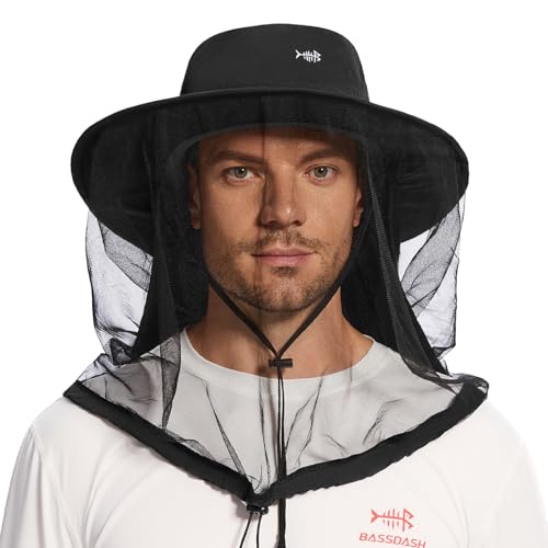 BASSDASH UPF 50+ Mosquito Net Hat with Stowable Neck Flap for Men Women Outdoor Fishing Hiking Camping Gardening FH17 - color: Black, size: Large
