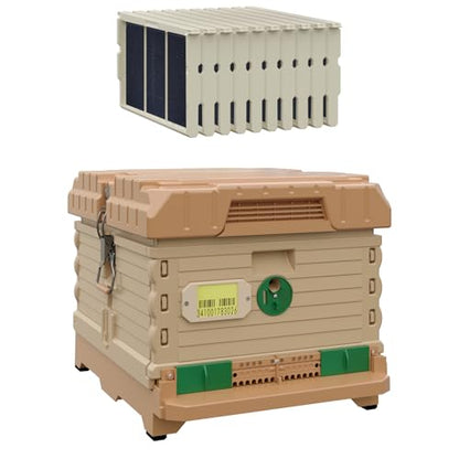 Apimaye Ergo Insulated Bee Hive Set with Plastic PRO Frames with Premier Double Wax Foundations (Single Deep) (Tan Body Green Entrance)