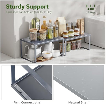 Simple Trending Cabinet Organizer Shelf, Set of 2 Kitchen Counter Shelves, Kitchen Storage, Stackable, Expandable, Metal Spice Rack for Cupboard, Bathroom, Desk, Pantry, Silver - color: Silver