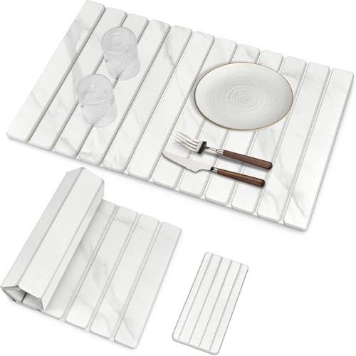 2 PCS Extra Large Stone Dish Drying Mats for Kitchen Counter, 28"(L)×16"(W) Dish Drying Mat with 8"x 4" Coasters, Eco-Friendly Diatomite Dish Drying Mat - Fits All Countertops - White Marble - color: White Marble, size: 28" x 16"