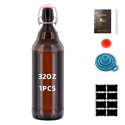 1Pc 32 oz Amber Glass Beer Bottles for Home Brewing with Flip Caps Refillable Brown Glass Storage Bottle with Swing Top Lids, Amber Iron Clasp Bottle 1000ML 1 Pack